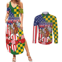Kentucky Horses Racing Couples Matching Summer Maxi Dress and Long Sleeve Button Shirt US Flag Grunge and Check Pattern Green Color
