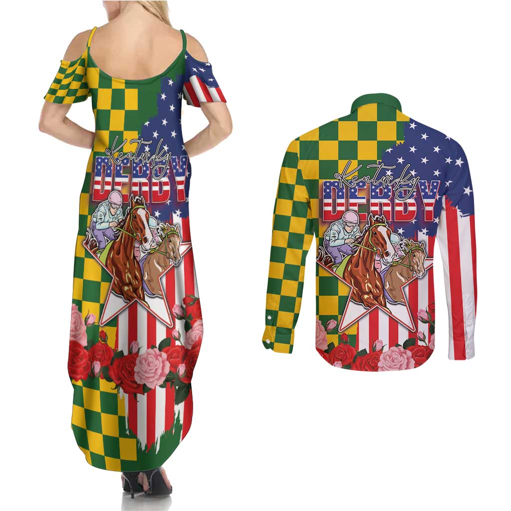 Kentucky Horses Racing Couples Matching Summer Maxi Dress and Long Sleeve Button Shirt US Flag Grunge and Check Pattern Green Color