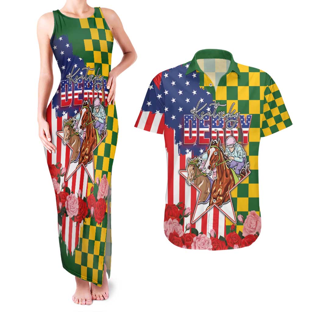 Kentucky Horses Racing Couples Matching Tank Maxi Dress and Hawaiian Shirt US Flag Grunge and Check Pattern Green Color