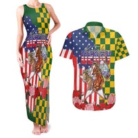 Kentucky Horses Racing Couples Matching Tank Maxi Dress and Hawaiian Shirt US Flag Grunge and Check Pattern Green Color