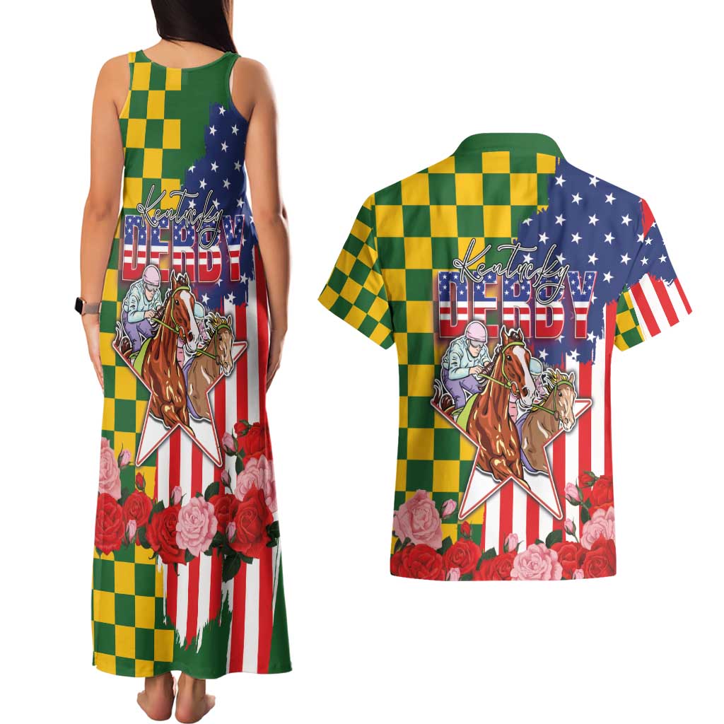 Kentucky Horses Racing Couples Matching Tank Maxi Dress and Hawaiian Shirt US Flag Grunge and Check Pattern Green Color