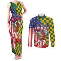 Kentucky Horses Racing Couples Matching Tank Maxi Dress and Long Sleeve Button Shirt US Flag Grunge and Check Pattern Green Color