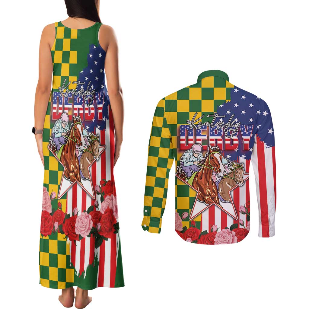 Kentucky Horses Racing Couples Matching Tank Maxi Dress and Long Sleeve Button Shirt US Flag Grunge and Check Pattern Green Color