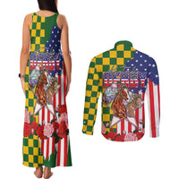 Kentucky Horses Racing Couples Matching Tank Maxi Dress and Long Sleeve Button Shirt US Flag Grunge and Check Pattern Green Color
