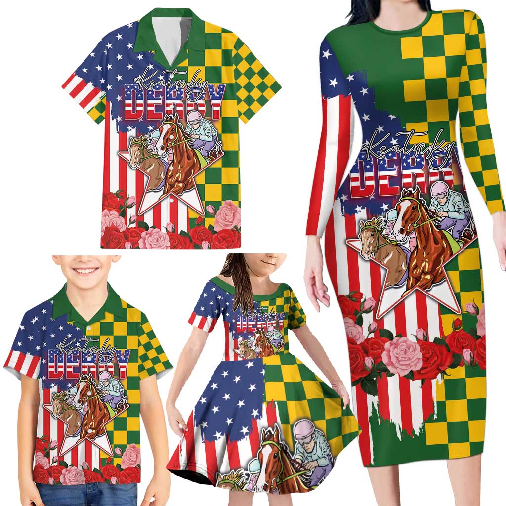 Kentucky Horses Racing Family Matching Long Sleeve Bodycon Dress and Hawaiian Shirt US Flag Grunge and Check Pattern Green Color