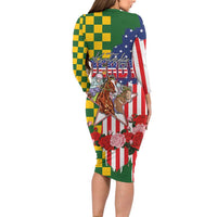Kentucky Horses Racing Family Matching Long Sleeve Bodycon Dress and Hawaiian Shirt US Flag Grunge and Check Pattern Green Color