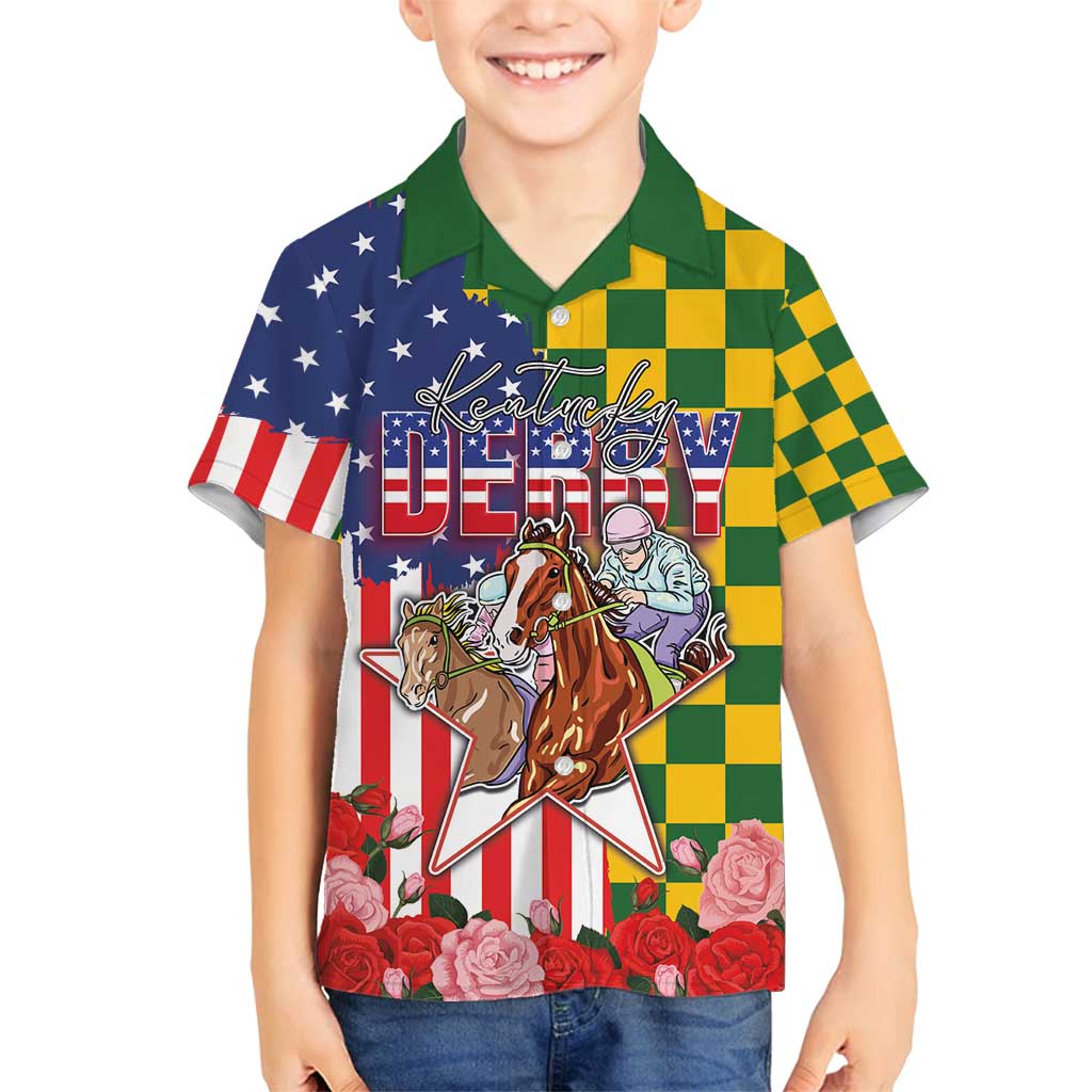 Kentucky Horses Racing Family Matching Long Sleeve Bodycon Dress and Hawaiian Shirt US Flag Grunge and Check Pattern Green Color