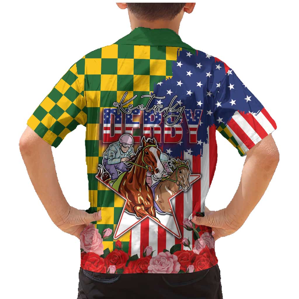 Kentucky Horses Racing Family Matching Mermaid Dress and Hawaiian Shirt US Flag Grunge and Check Pattern Green Color