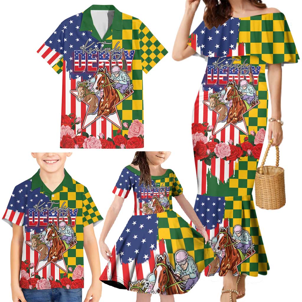 Kentucky Horses Racing Family Matching Mermaid Dress and Hawaiian Shirt US Flag Grunge and Check Pattern Green Color