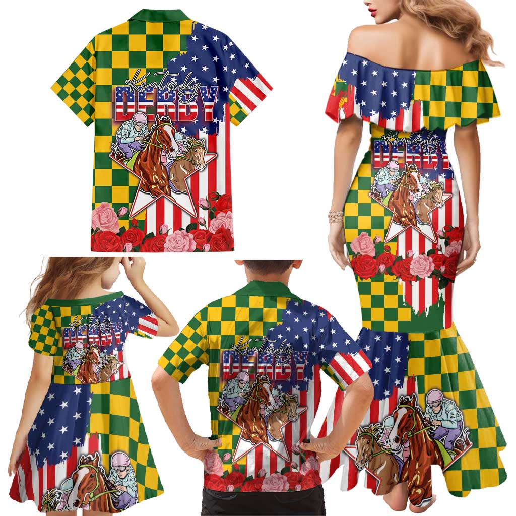 Kentucky Horses Racing Family Matching Mermaid Dress and Hawaiian Shirt US Flag Grunge and Check Pattern Green Color