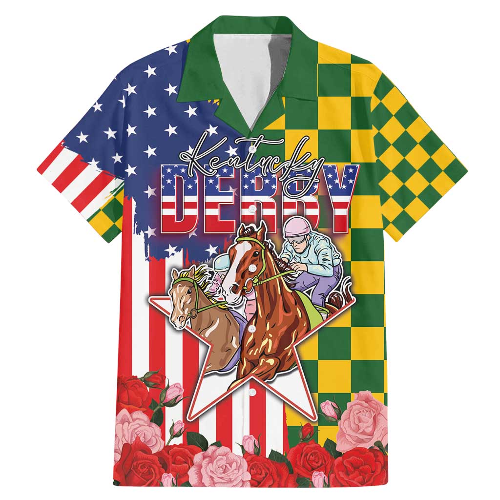 Kentucky Horses Racing Family Matching Mermaid Dress and Hawaiian Shirt US Flag Grunge and Check Pattern Green Color