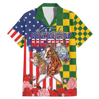 Kentucky Horses Racing Family Matching Mermaid Dress and Hawaiian Shirt US Flag Grunge and Check Pattern Green Color