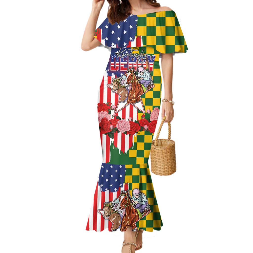 Kentucky Horses Racing Family Matching Mermaid Dress and Hawaiian Shirt US Flag Grunge and Check Pattern Green Color