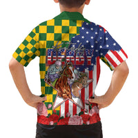 Kentucky Horses Racing Family Matching Off The Shoulder Long Sleeve Dress and Hawaiian Shirt US Flag Grunge and Check Pattern Green Color