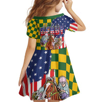 Kentucky Horses Racing Family Matching Off The Shoulder Long Sleeve Dress and Hawaiian Shirt US Flag Grunge and Check Pattern Green Color