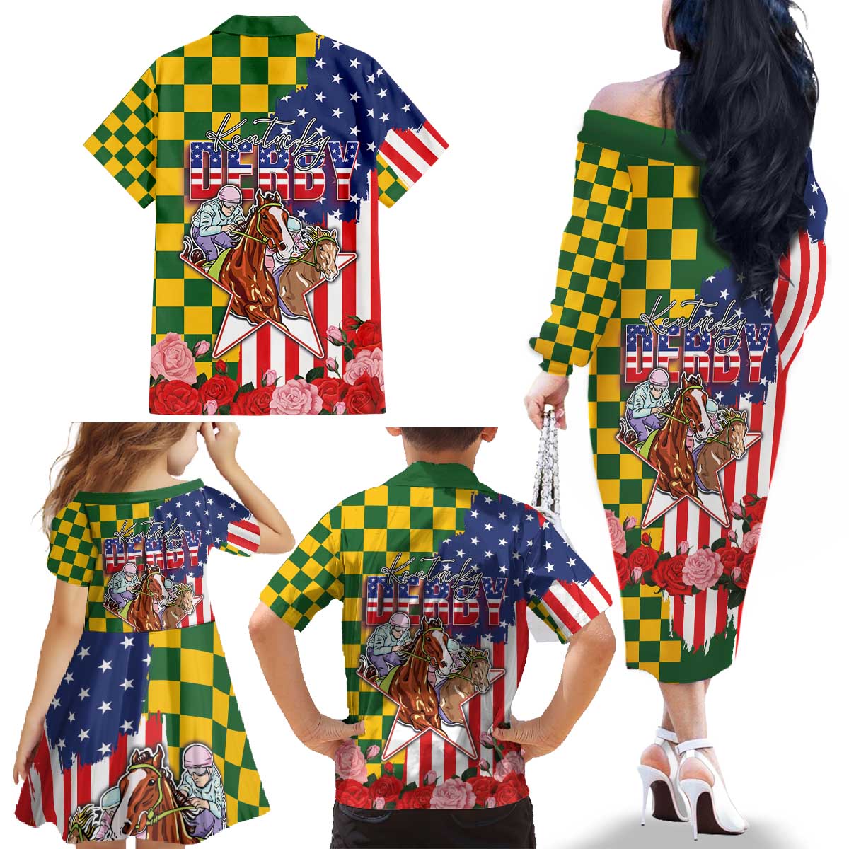 Kentucky Horses Racing Family Matching Off The Shoulder Long Sleeve Dress and Hawaiian Shirt US Flag Grunge and Check Pattern Green Color