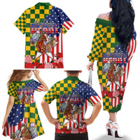 Kentucky Horses Racing Family Matching Off The Shoulder Long Sleeve Dress and Hawaiian Shirt US Flag Grunge and Check Pattern Green Color