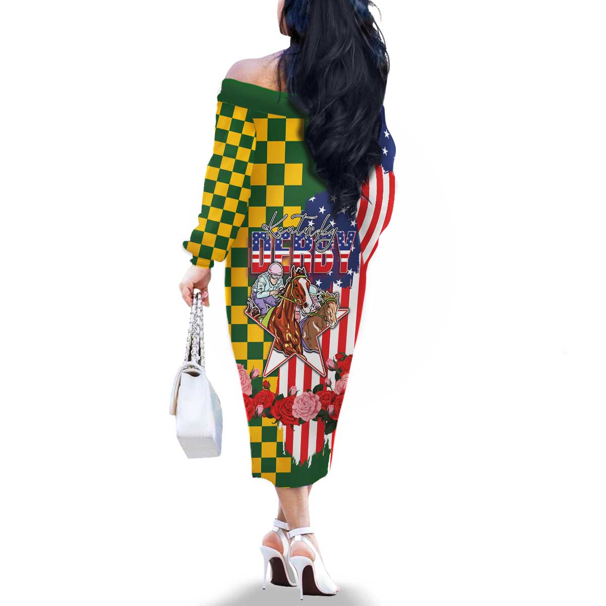 Kentucky Horses Racing Family Matching Off The Shoulder Long Sleeve Dress and Hawaiian Shirt US Flag Grunge and Check Pattern Green Color