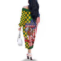 Kentucky Horses Racing Family Matching Off The Shoulder Long Sleeve Dress and Hawaiian Shirt US Flag Grunge and Check Pattern Green Color