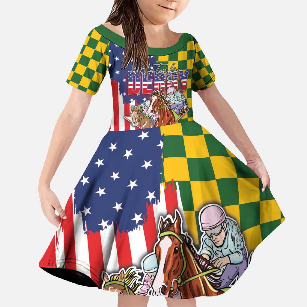 Kentucky Horses Racing Family Matching Off Shoulder Maxi Dress and Hawaiian Shirt US Flag Grunge and Check Pattern Green Color