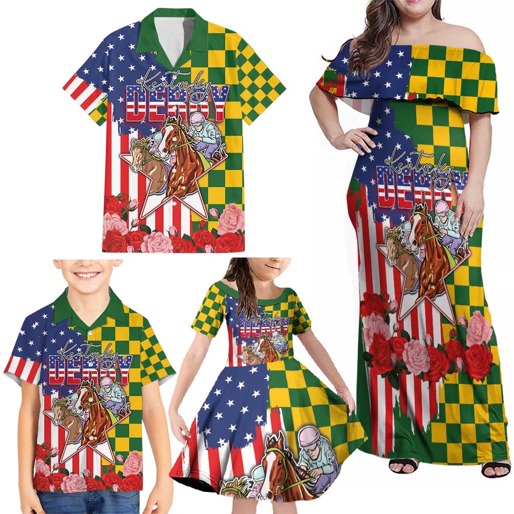 Kentucky Horses Racing Family Matching Off Shoulder Maxi Dress and Hawaiian Shirt US Flag Grunge and Check Pattern Green Color