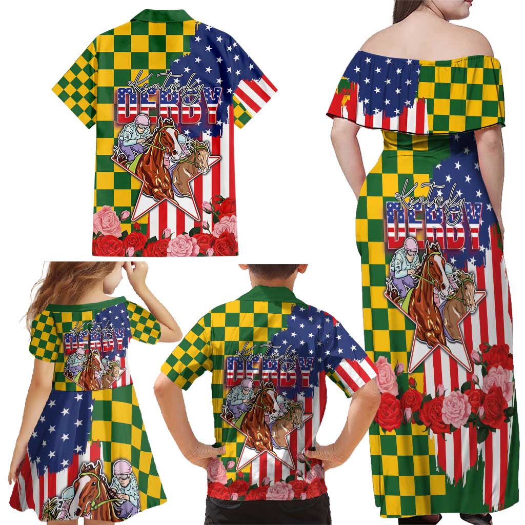 Kentucky Horses Racing Family Matching Off Shoulder Maxi Dress and Hawaiian Shirt US Flag Grunge and Check Pattern Green Color
