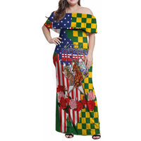 Kentucky Horses Racing Family Matching Off Shoulder Maxi Dress and Hawaiian Shirt US Flag Grunge and Check Pattern Green Color