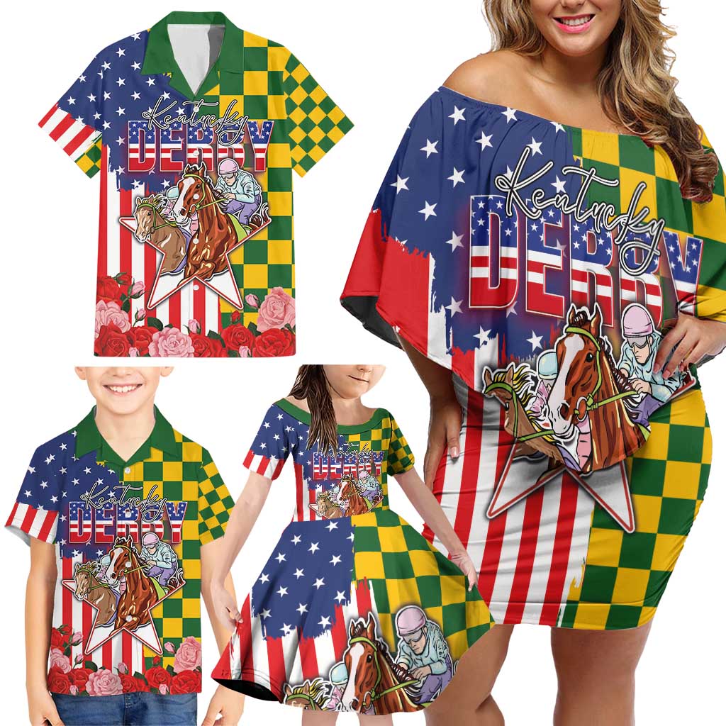 Kentucky Horses Racing Family Matching Off Shoulder Short Dress and Hawaiian Shirt US Flag Grunge and Check Pattern Green Color