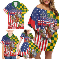 Kentucky Horses Racing Family Matching Off Shoulder Short Dress and Hawaiian Shirt US Flag Grunge and Check Pattern Green Color