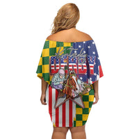 Kentucky Horses Racing Family Matching Off Shoulder Short Dress and Hawaiian Shirt US Flag Grunge and Check Pattern Green Color
