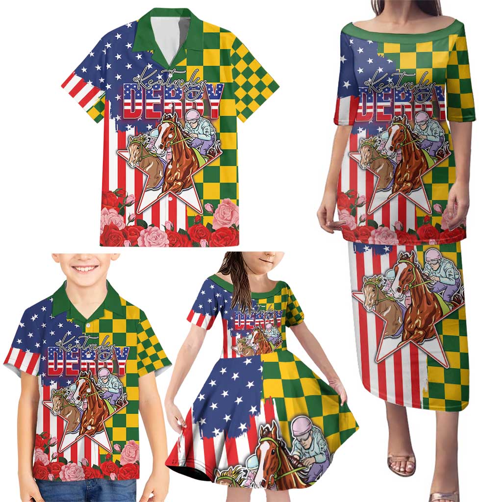 Kentucky Horses Racing Family Matching Puletasi and Hawaiian Shirt US Flag Grunge and Check Pattern Green Color