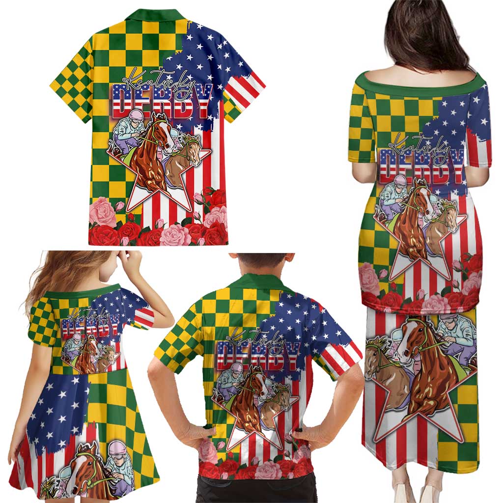 Kentucky Horses Racing Family Matching Puletasi and Hawaiian Shirt US Flag Grunge and Check Pattern Green Color