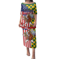 Kentucky Horses Racing Family Matching Puletasi and Hawaiian Shirt US Flag Grunge and Check Pattern Green Color