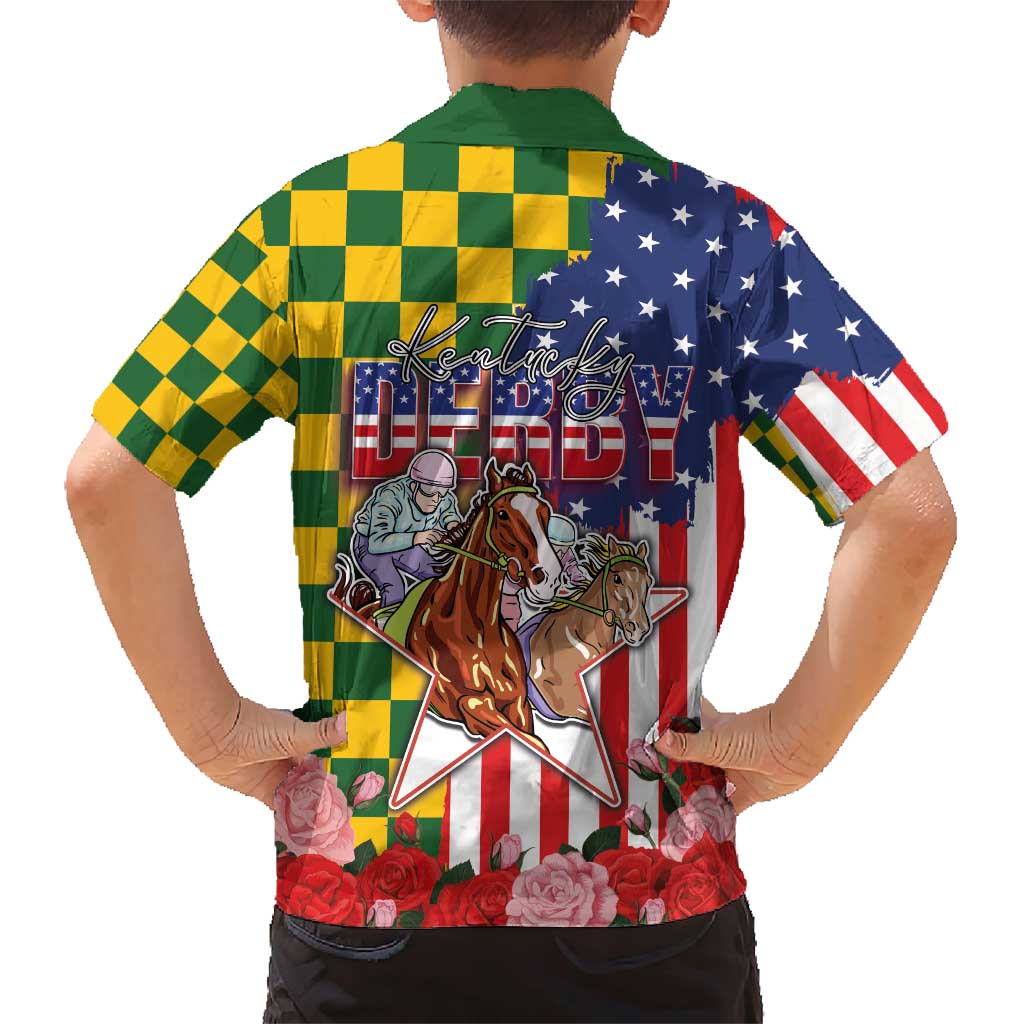 Kentucky Horses Racing Family Matching Short Sleeve Bodycon Dress and Hawaiian Shirt US Flag Grunge and Check Pattern Green Color