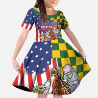 Kentucky Horses Racing Family Matching Short Sleeve Bodycon Dress and Hawaiian Shirt US Flag Grunge and Check Pattern Green Color