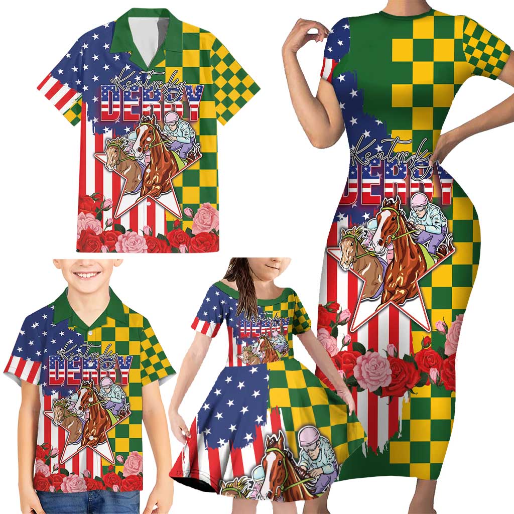 Kentucky Horses Racing Family Matching Short Sleeve Bodycon Dress and Hawaiian Shirt US Flag Grunge and Check Pattern Green Color