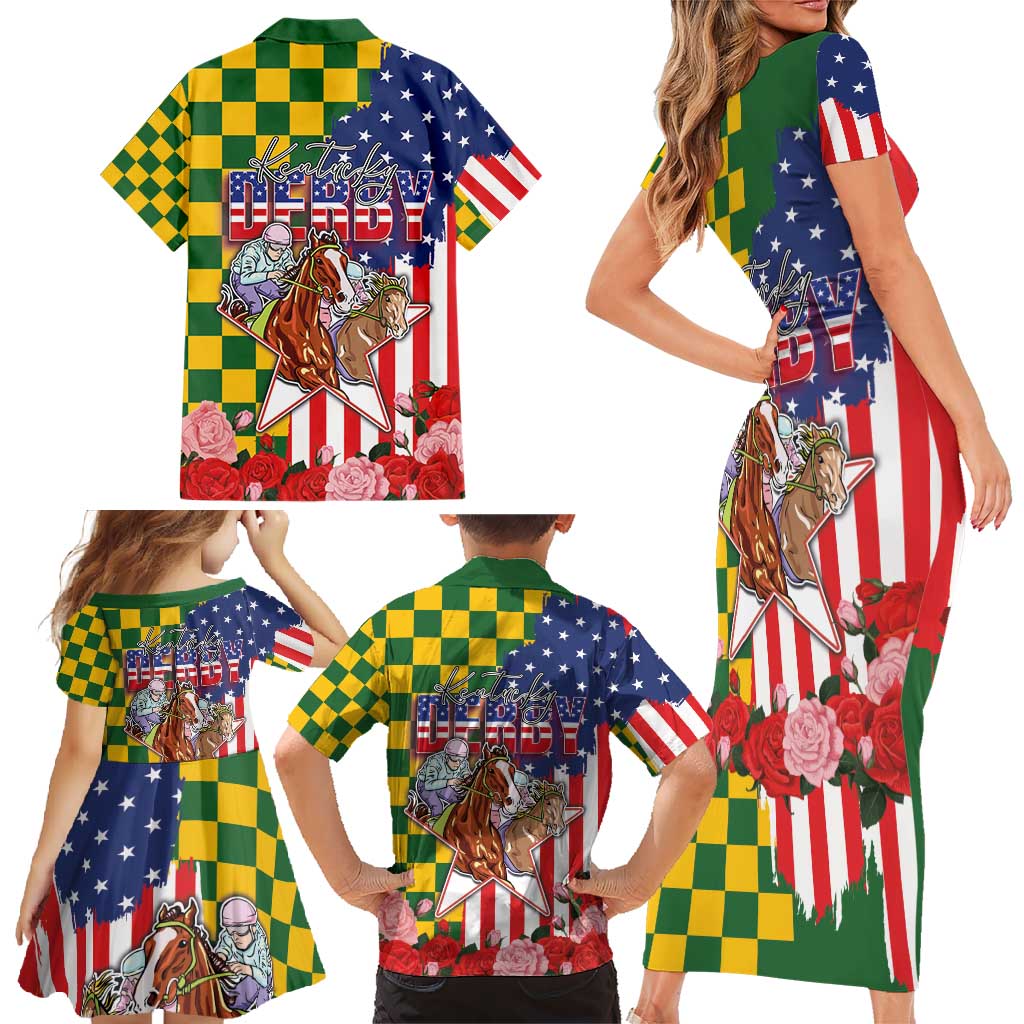 Kentucky Horses Racing Family Matching Short Sleeve Bodycon Dress and Hawaiian Shirt US Flag Grunge and Check Pattern Green Color