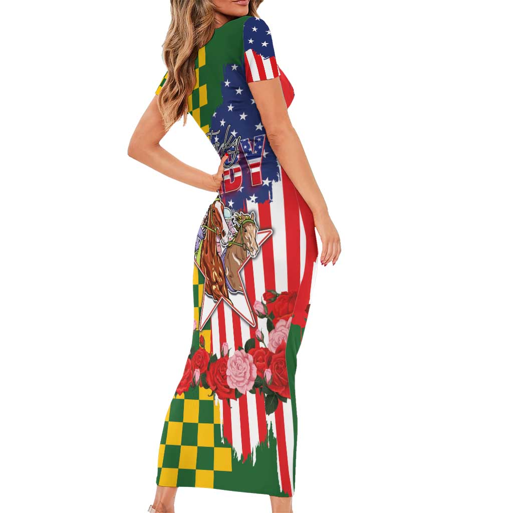 Kentucky Horses Racing Family Matching Short Sleeve Bodycon Dress and Hawaiian Shirt US Flag Grunge and Check Pattern Green Color