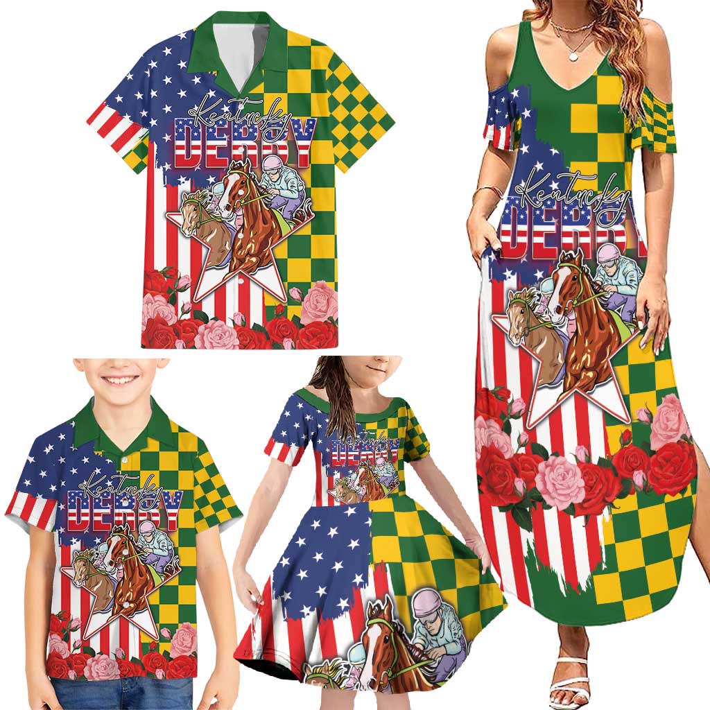 Kentucky Horses Racing Family Matching Summer Maxi Dress and Hawaiian Shirt US Flag Grunge and Check Pattern Green Color