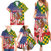 Kentucky Horses Racing Family Matching Summer Maxi Dress and Hawaiian Shirt US Flag Grunge and Check Pattern Green Color