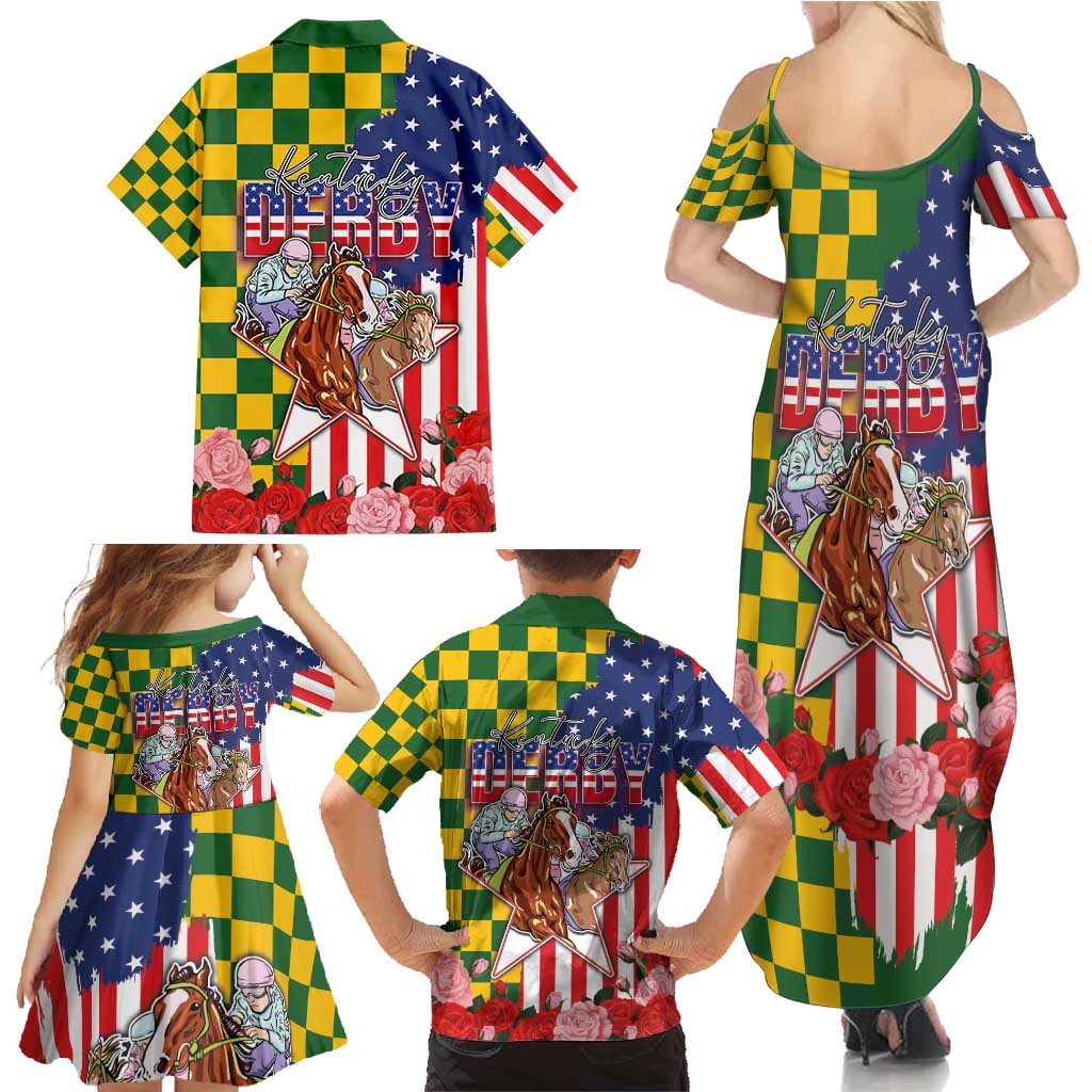 Kentucky Horses Racing Family Matching Summer Maxi Dress and Hawaiian Shirt US Flag Grunge and Check Pattern Green Color