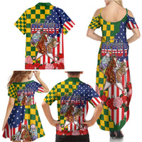 Kentucky Horses Racing Family Matching Summer Maxi Dress and Hawaiian Shirt US Flag Grunge and Check Pattern Green Color