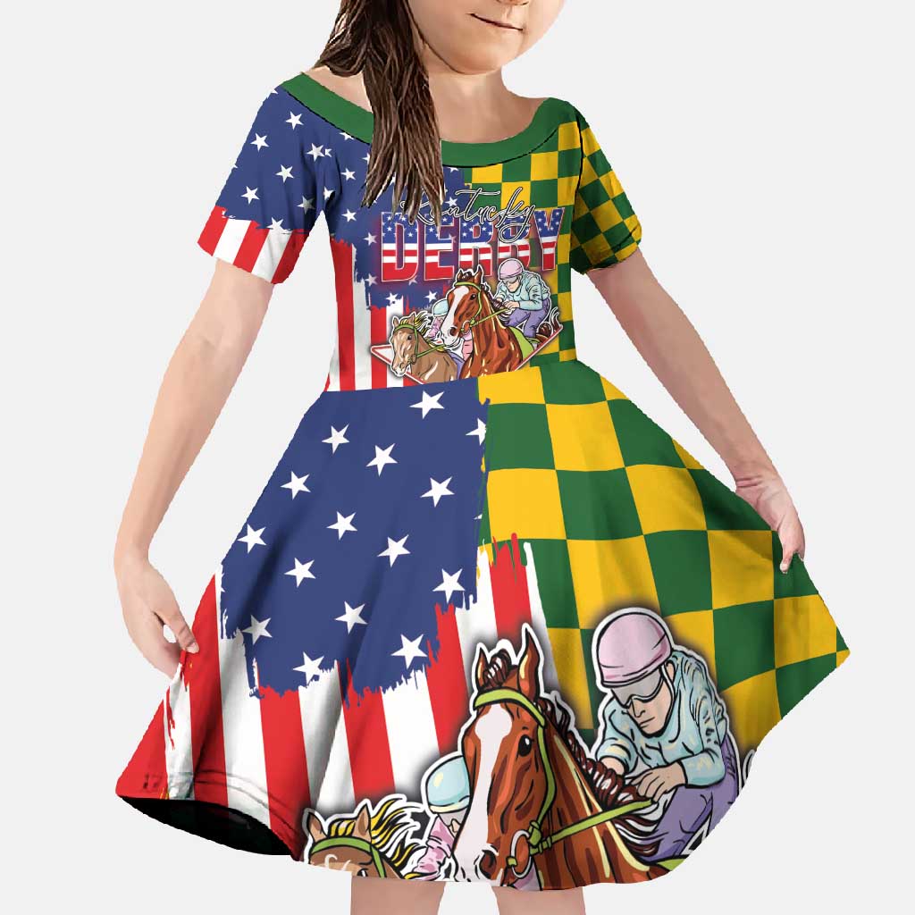 Kentucky Horses Racing Family Matching Tank Maxi Dress and Hawaiian Shirt US Flag Grunge and Check Pattern Green Color