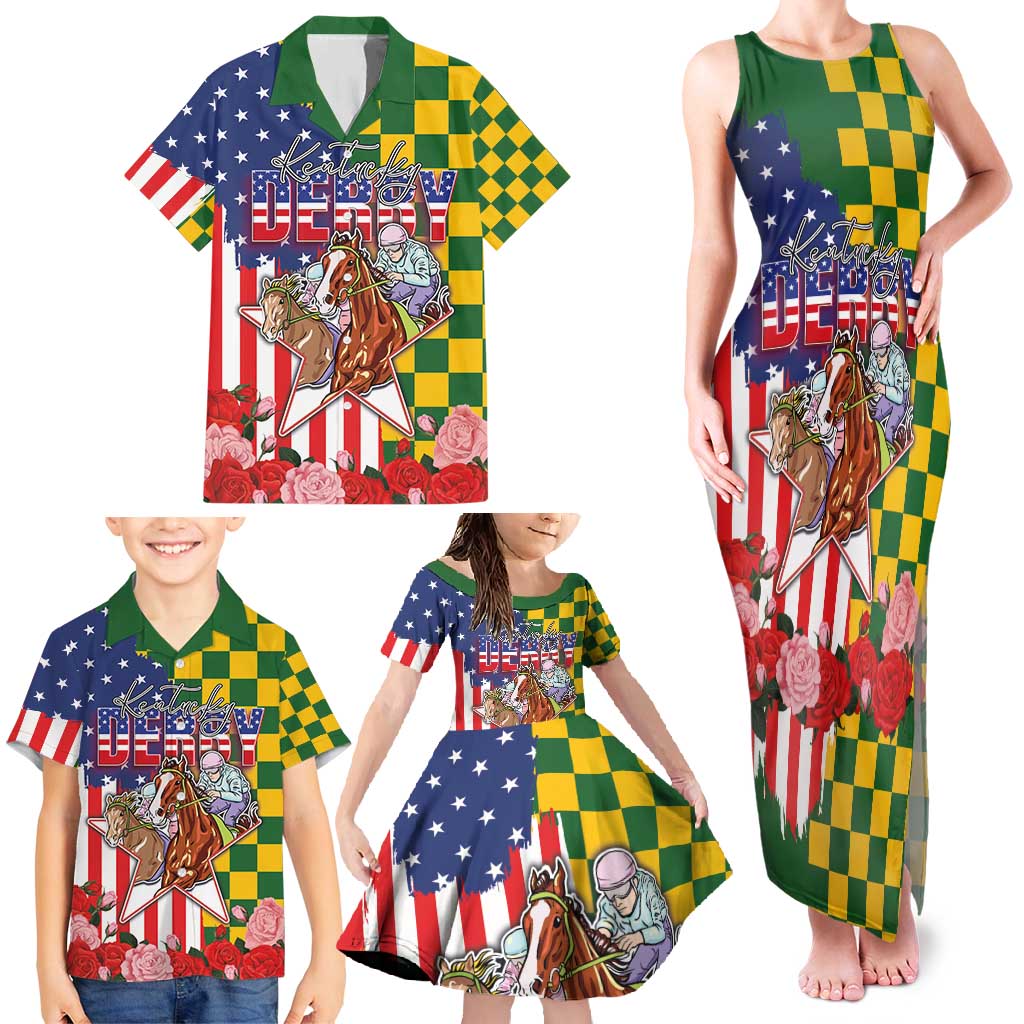Kentucky Horses Racing Family Matching Tank Maxi Dress and Hawaiian Shirt US Flag Grunge and Check Pattern Green Color