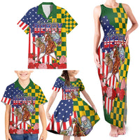 Kentucky Horses Racing Family Matching Tank Maxi Dress and Hawaiian Shirt US Flag Grunge and Check Pattern Green Color