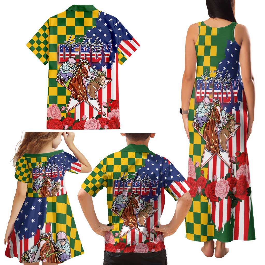Kentucky Horses Racing Family Matching Tank Maxi Dress and Hawaiian Shirt US Flag Grunge and Check Pattern Green Color