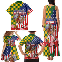Kentucky Horses Racing Family Matching Tank Maxi Dress and Hawaiian Shirt US Flag Grunge and Check Pattern Green Color