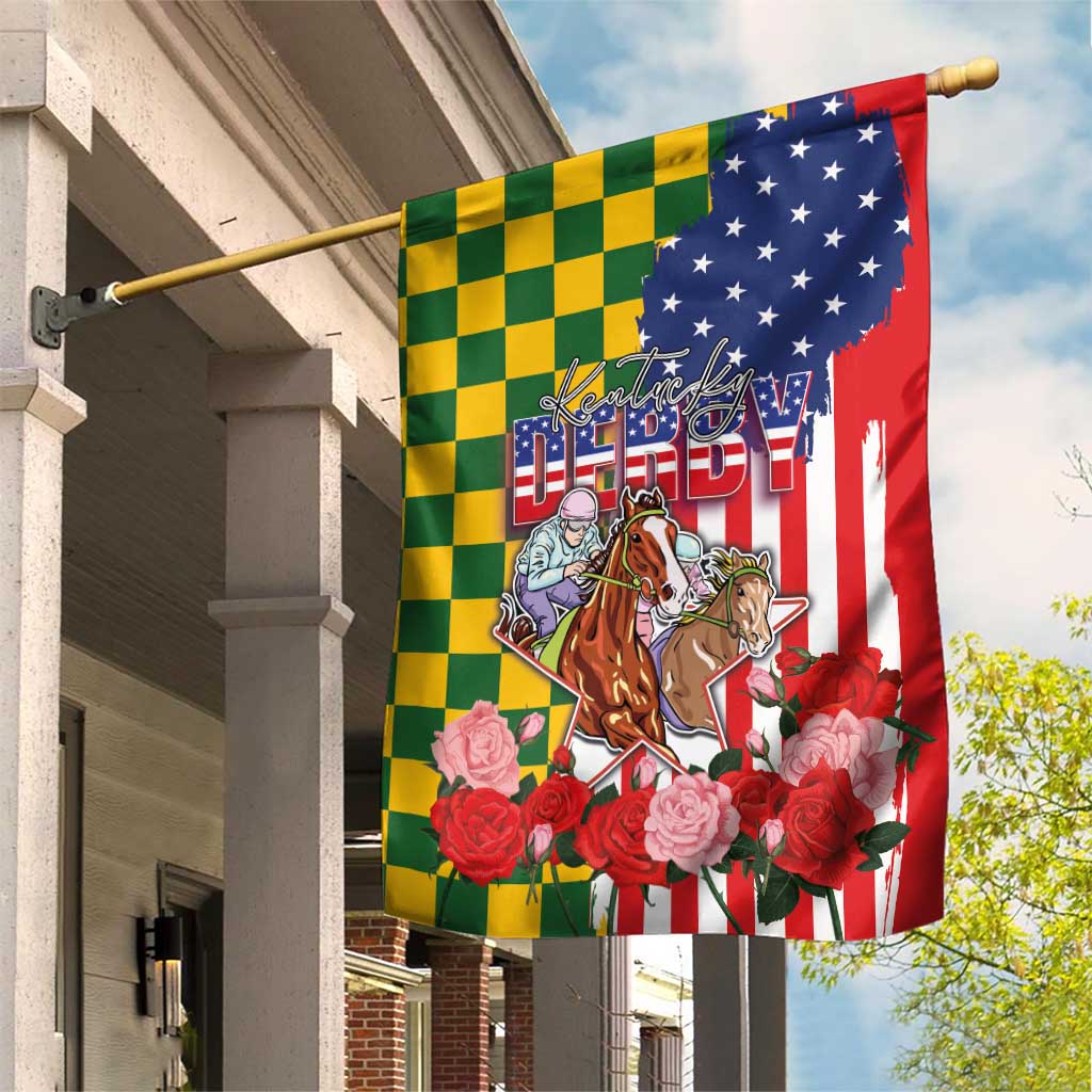 Kentucky Horses Racing Garden Flag US Flag Grunge and Check Pattern Green Color