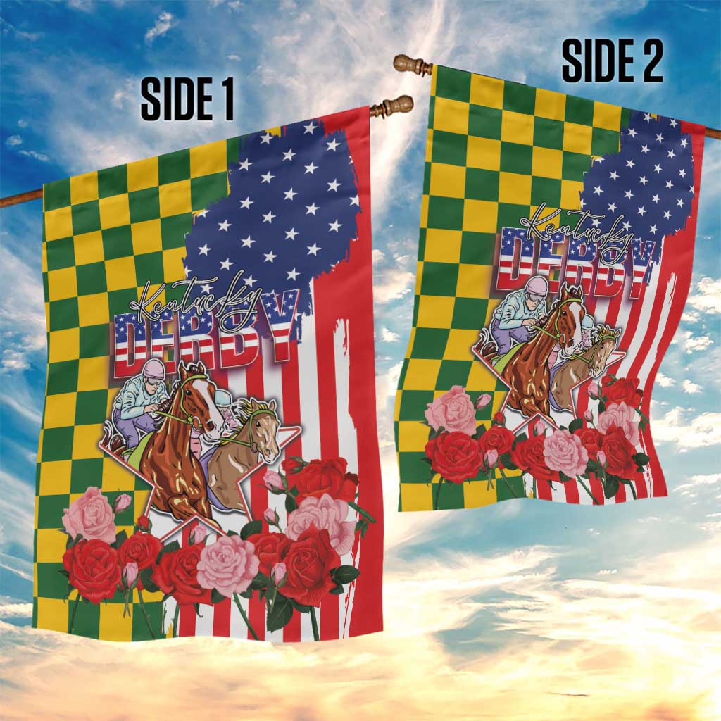 Kentucky Horses Racing Garden Flag US Flag Grunge and Check Pattern Green Color