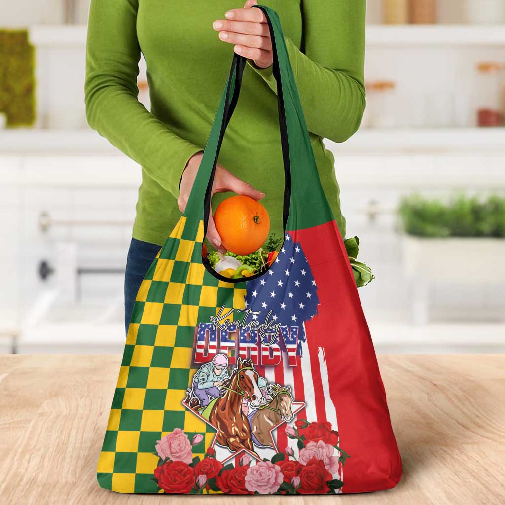 Kentucky Horses Racing Grocery Bag US Flag Grunge and Check Pattern Green Color
